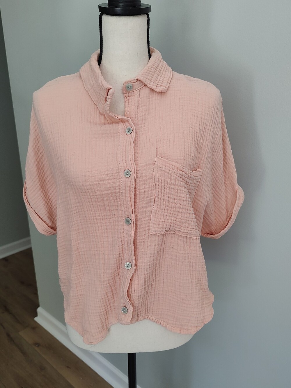 Made In Italy Cotton Gauze Rolled Short Sleeve Peach Orange Button Down Shirt